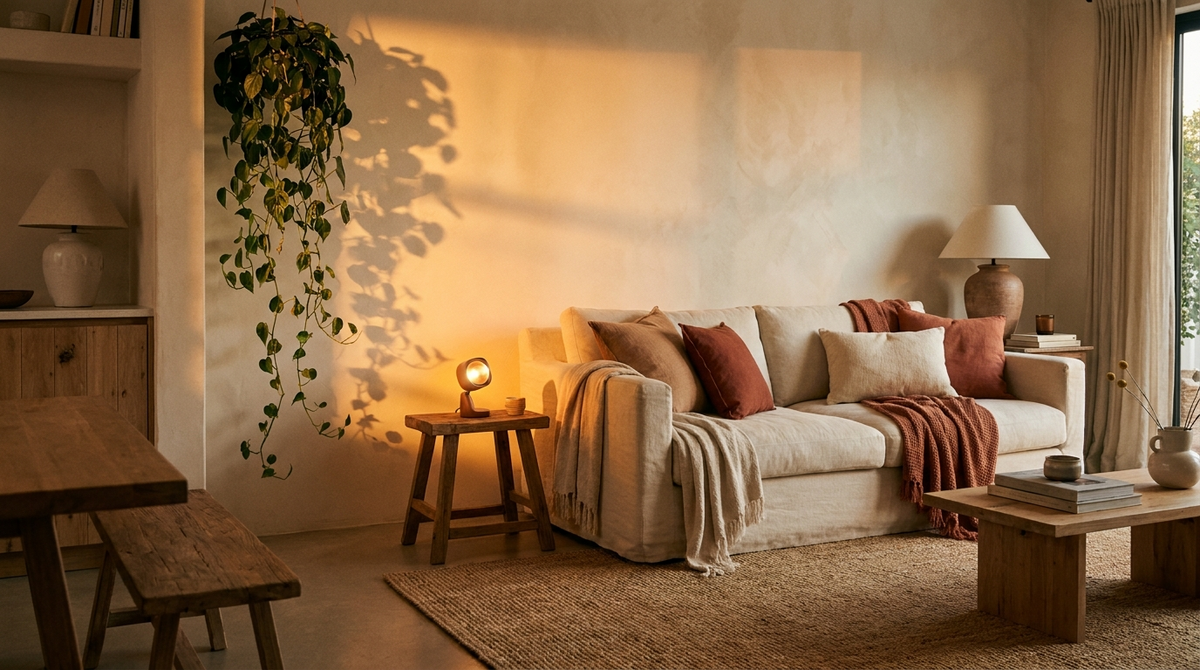 Warm sunset glow across a cozy living room wall